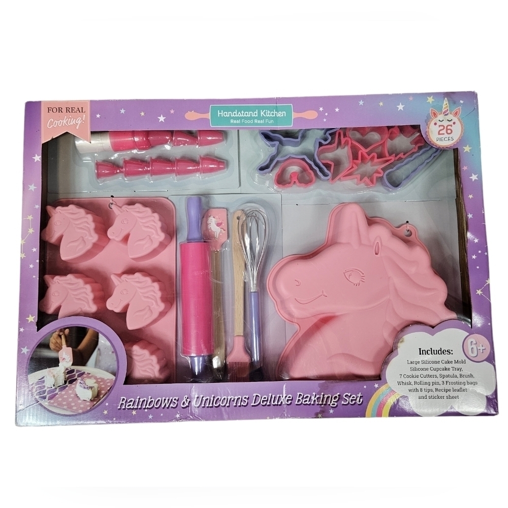 NIB Handstand Kitchen Fun Rainbows Unicorns Deluxe Baking Set for‎ Real Cooking